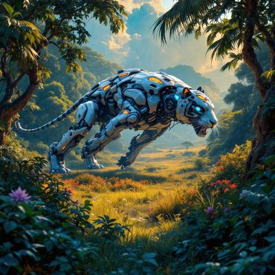 Primary subject: A white and orange robotic tiger.

Setting/background: A lush green field with trees in the background.

Visual style: Digital art.

Colors and mood: The robotic tiger is predominantly white with orange accents, giving it a futuristic and menacing appearance. The lush green field and trees in the background create a serene and natural atmosphere.